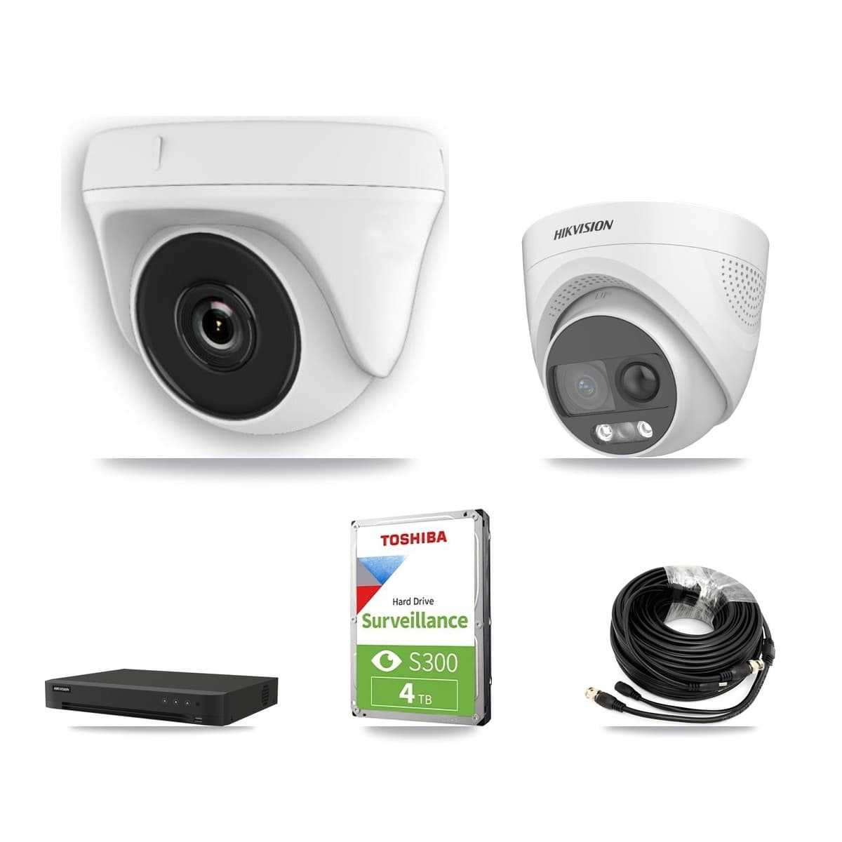 Hikvision 8-Channel 2MP – 5MP CCTV Kit — 1 DS-2CE72KF3T-PIRXO 5MP Turret + 3 White HDT-2MP-N20W-2.8MM 2MP Dome Cameras + 4TB Recording (IDS-7208HUHI-M1/XT Recorder) - Image 1