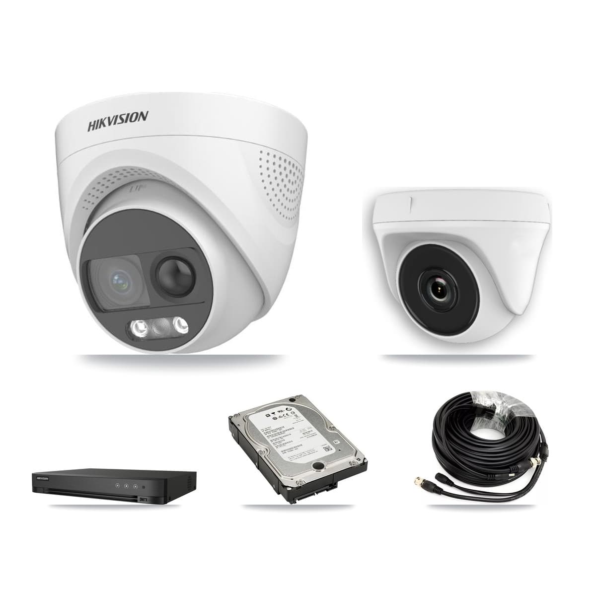 Hikvision 4-Channel 2MP – 5MP CCTV Kit — 3 DS-2CE72KF3T 5MP Turret + 1 White HDT-2MP-N20W 2MP Dome Cameras + 5TB Recording (IDS-7204HQHI Recorder) - Image 1