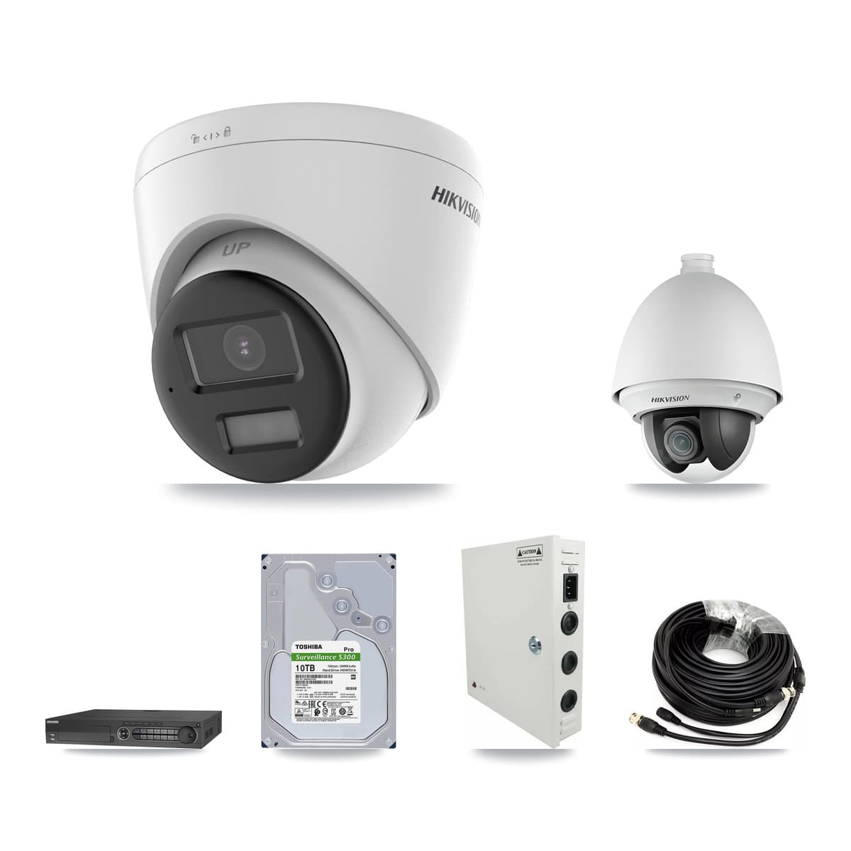 Hikvision 32-Channel 2MP – 5MP CCTV Kit — 1 DS-2AE4225T-A 2MP PTZ + 7 DS-2CE78K0T-LPTS 5MP Turret Cameras + 10TB Recording (DS-7332HQHI-K4 Recorder)