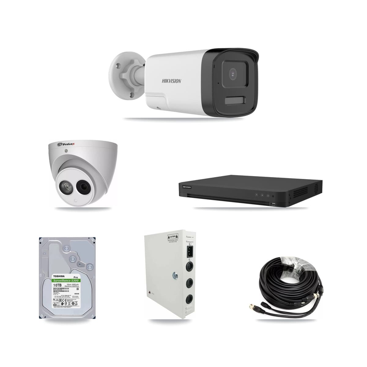 Hikvision & Prolux 16-Channel 4MP – 5MP CCTV Kit — 15 DS-2CE17K0T 5MP Bullet + 1 PXC-612C4W-A 4MP Turret Cameras + 2× 10TB Recording