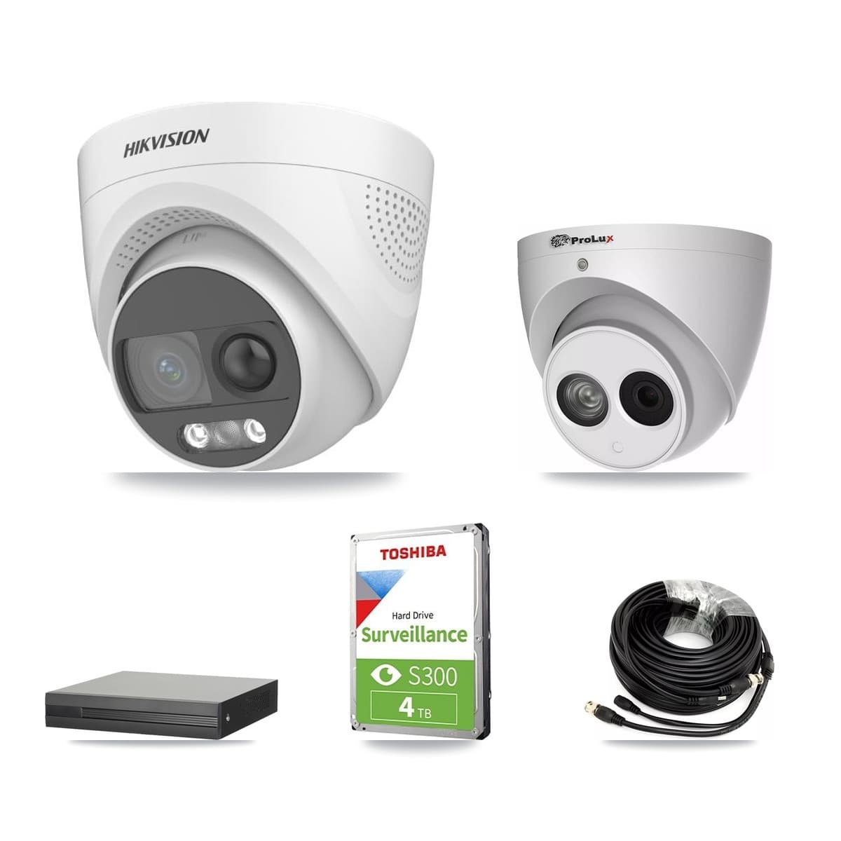 Hikvision & Prolux 4-Channel 4MP – 5MP CCTV Kit — 1 DS-2CE72KF3T 5MP + 1 PXC-612C4W-A 4MP Turret Cameras + 4TB Recording (XVR-3104HS Recorder)