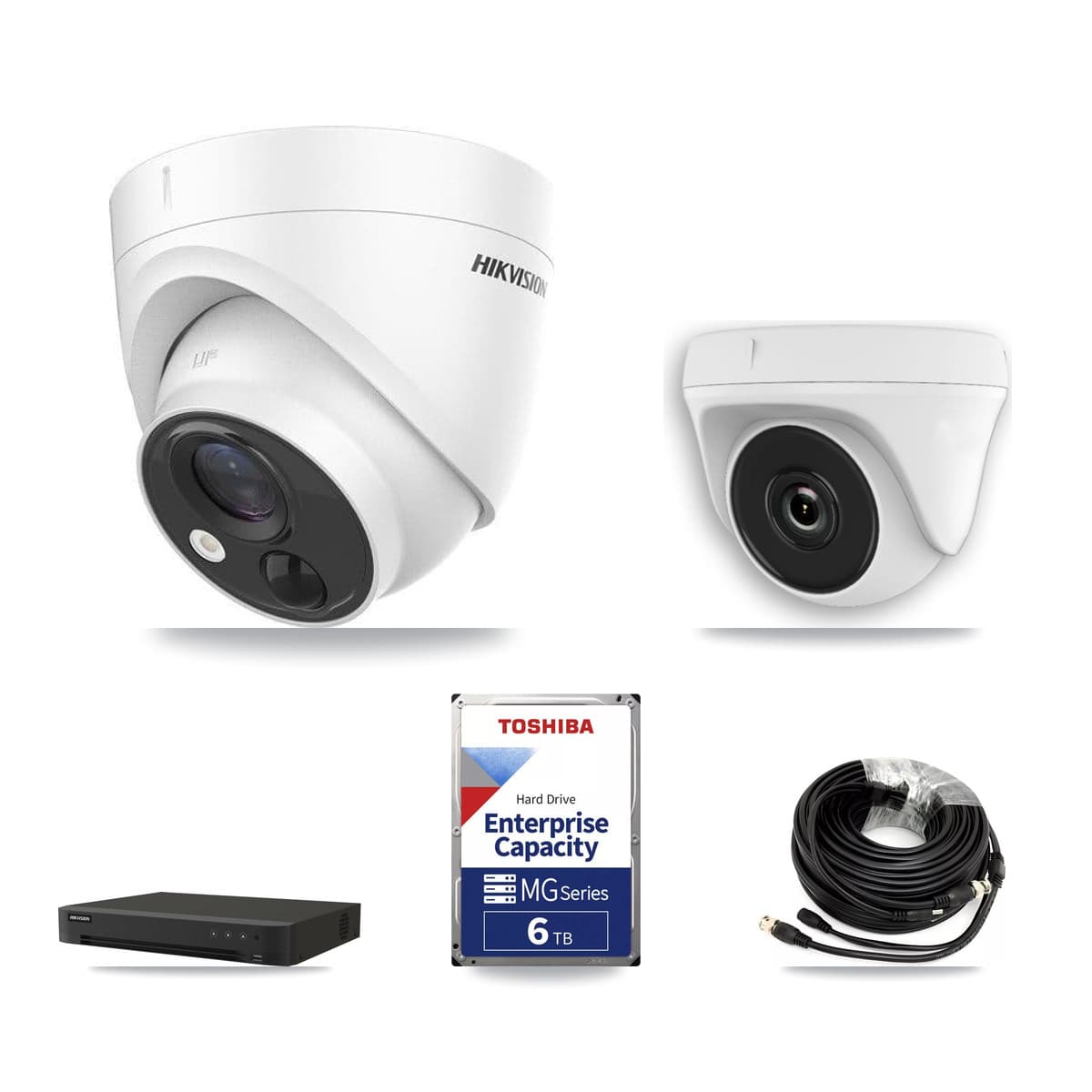 Hikvision 16-Channel 2MP – 5MP CCTV Kit — 3 DS-2CE71H0T 5MP Turret + 3 White HDT-2MP-N20W 2MP Dome Cameras + 6TB Recording (IDS-7216HQHI Recorder) - Image 1