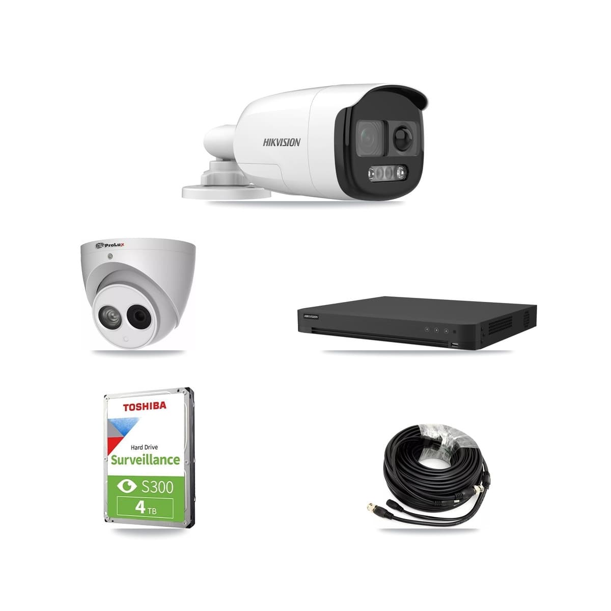 Hikvision & Prolux 16-Channel 4MP – 5MP CCTV Kit — 2 DS-2CE12KF3T 5MP Bullet + 1 PXC-612C4W-A 4MP Turret Cameras + 4TB Recording (IDS-7216HUHI Recorder) - Image 1