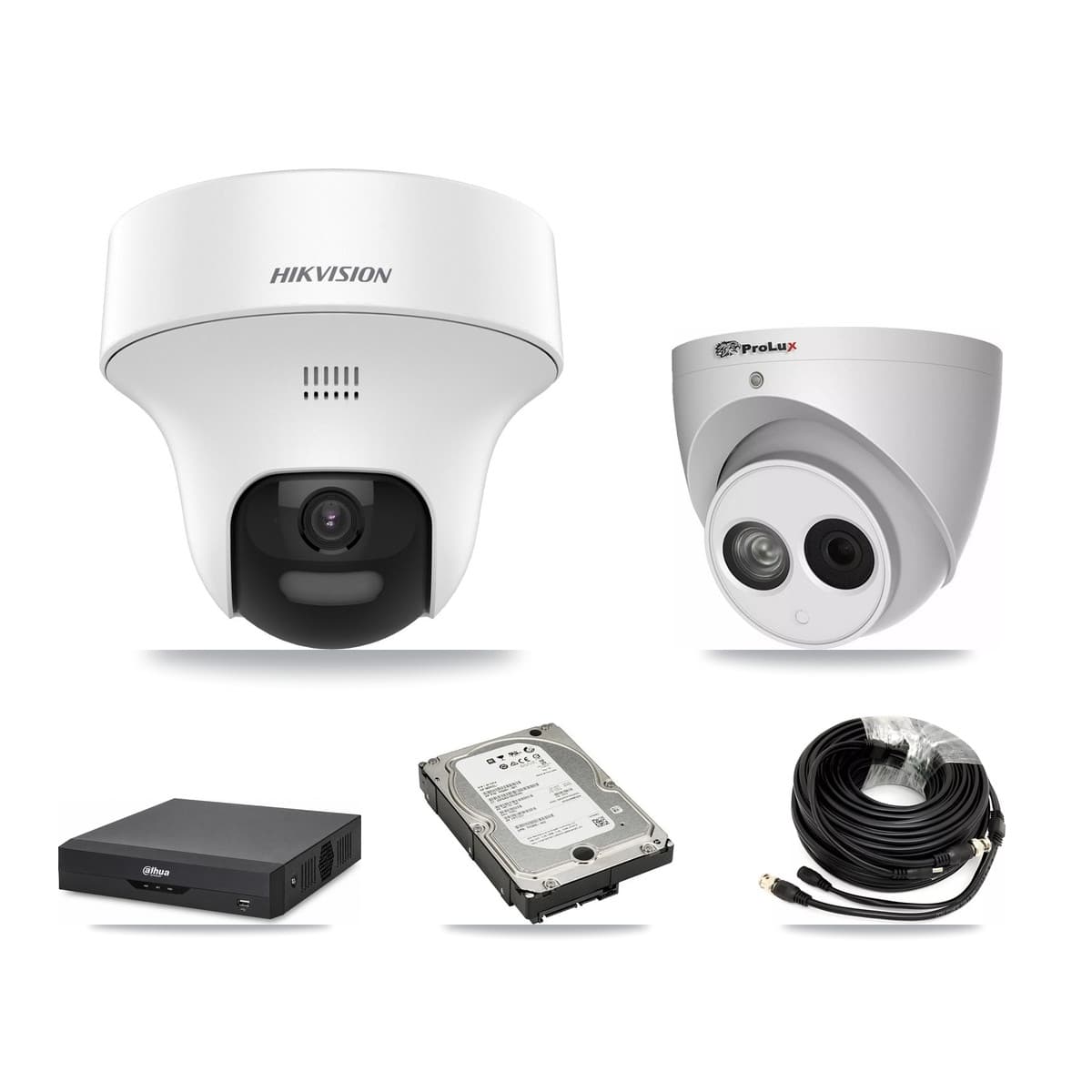 4-Channel 4MP – 5MP CCTV Kit — 3 DS-2CE70K0T 5MP + 1 PXC-612C4W-A 4MP Turret Cameras + 5TB Recording (DH-XVR5104HS Recorder) - Image 1