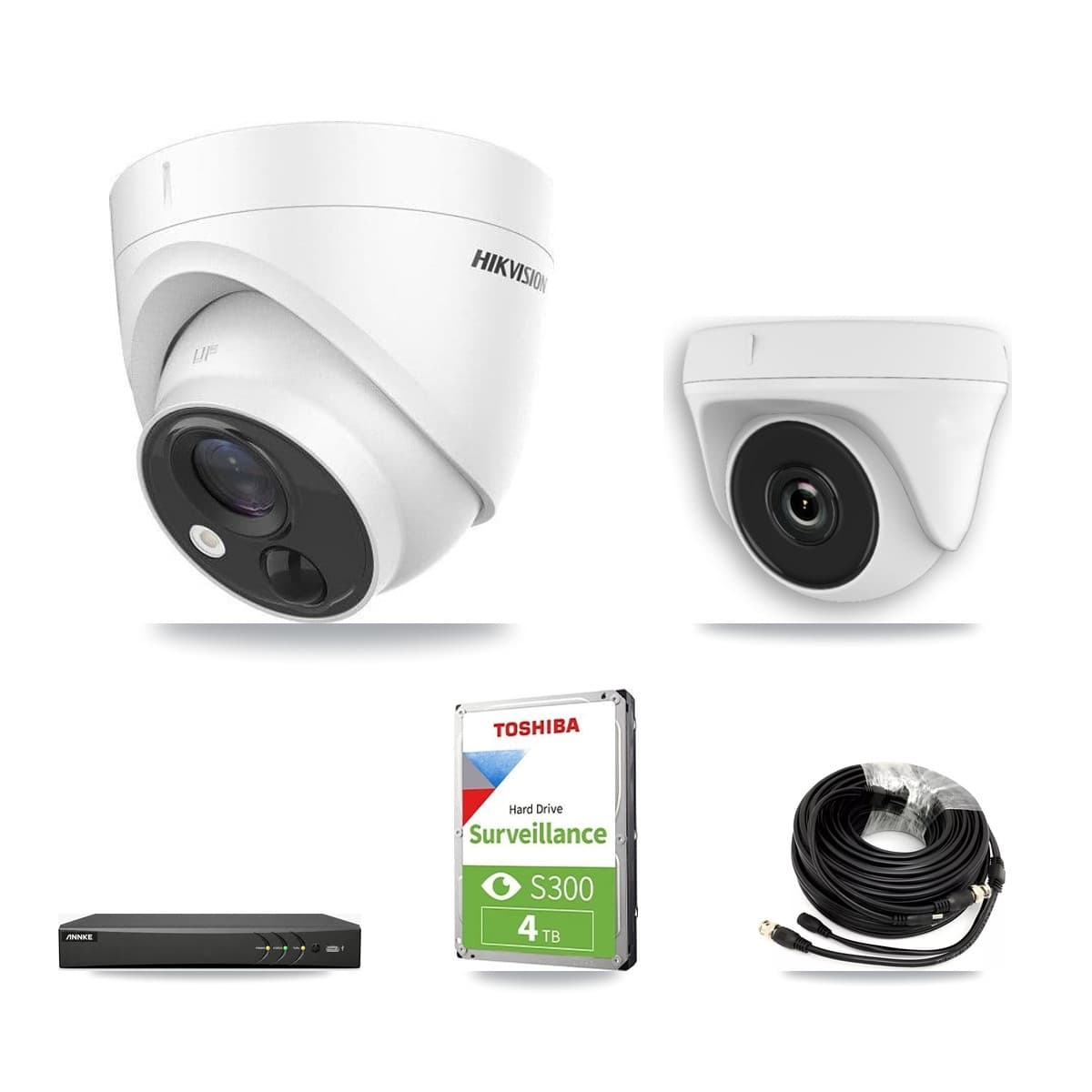 Hikvision & ANNKE 4-Channel 2MP – 5MP CCTV Kit — 2 DS-2CE71H0T 5MP Turret + 1 White HDT-2MP-N20W 2MP Dome Cameras + 4TB Recording - Image 1