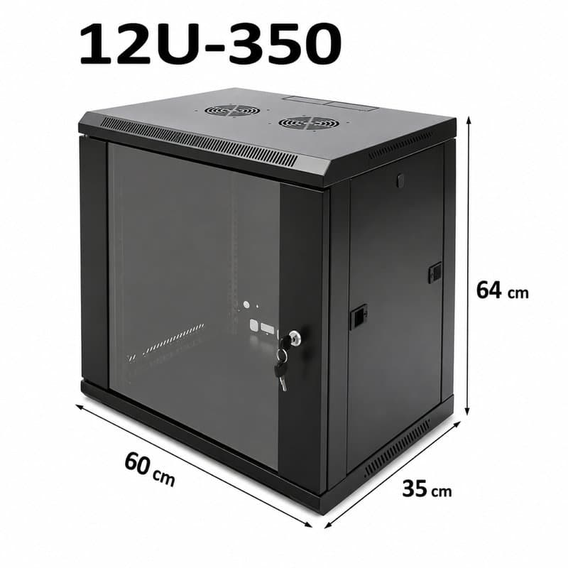 12U-350 Server Rack Data Network Cabinet - Black, Lockable Wall/Floor Mounted