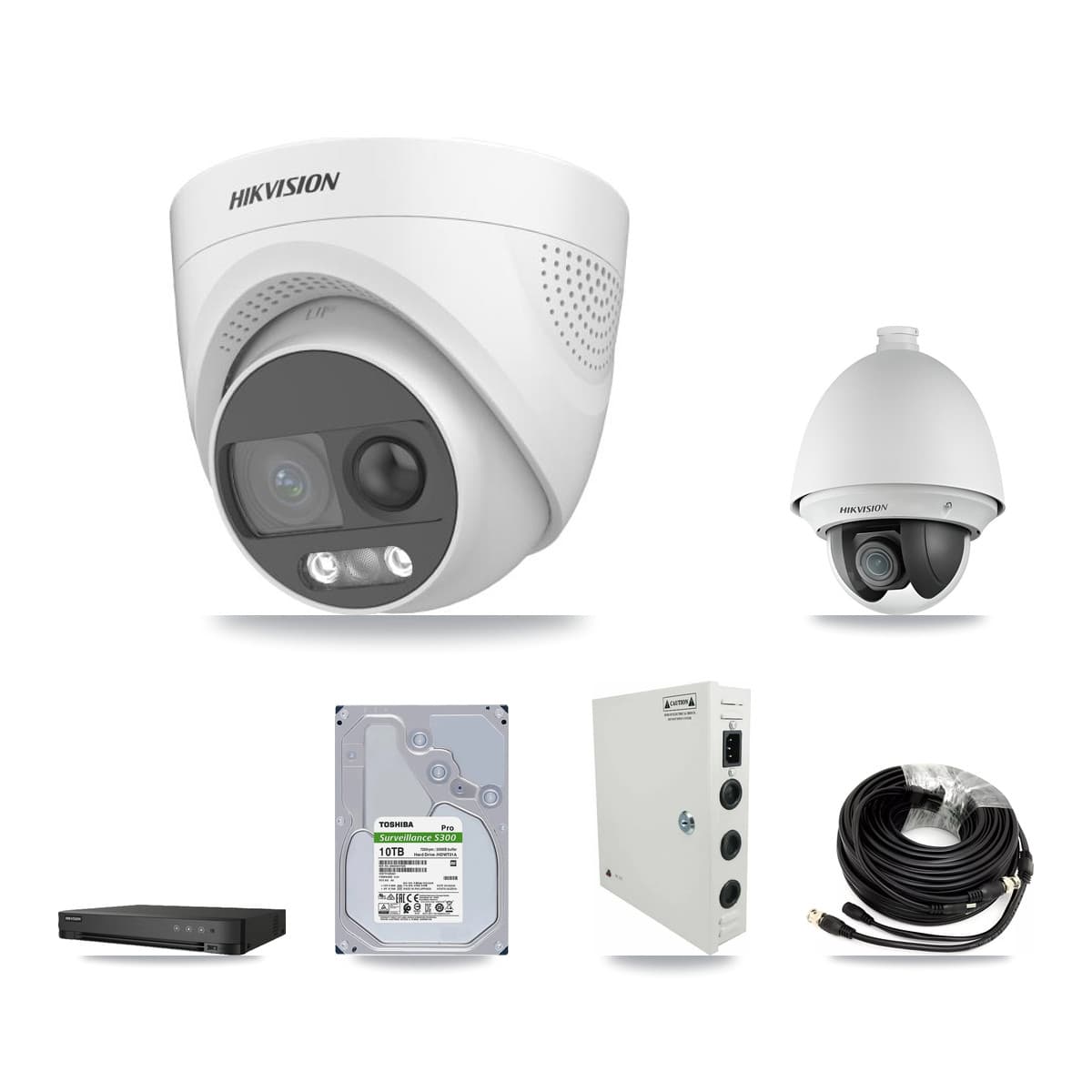 Hikvision 8-Channel 2MP – 5MP CCTV Kit — 1 DS-2AE4225T 2MP PTZ + 7 DS-2CE72KF3T 5MP Turret Cameras + 10TB Recording (IDS-7208HQHI Recorder)