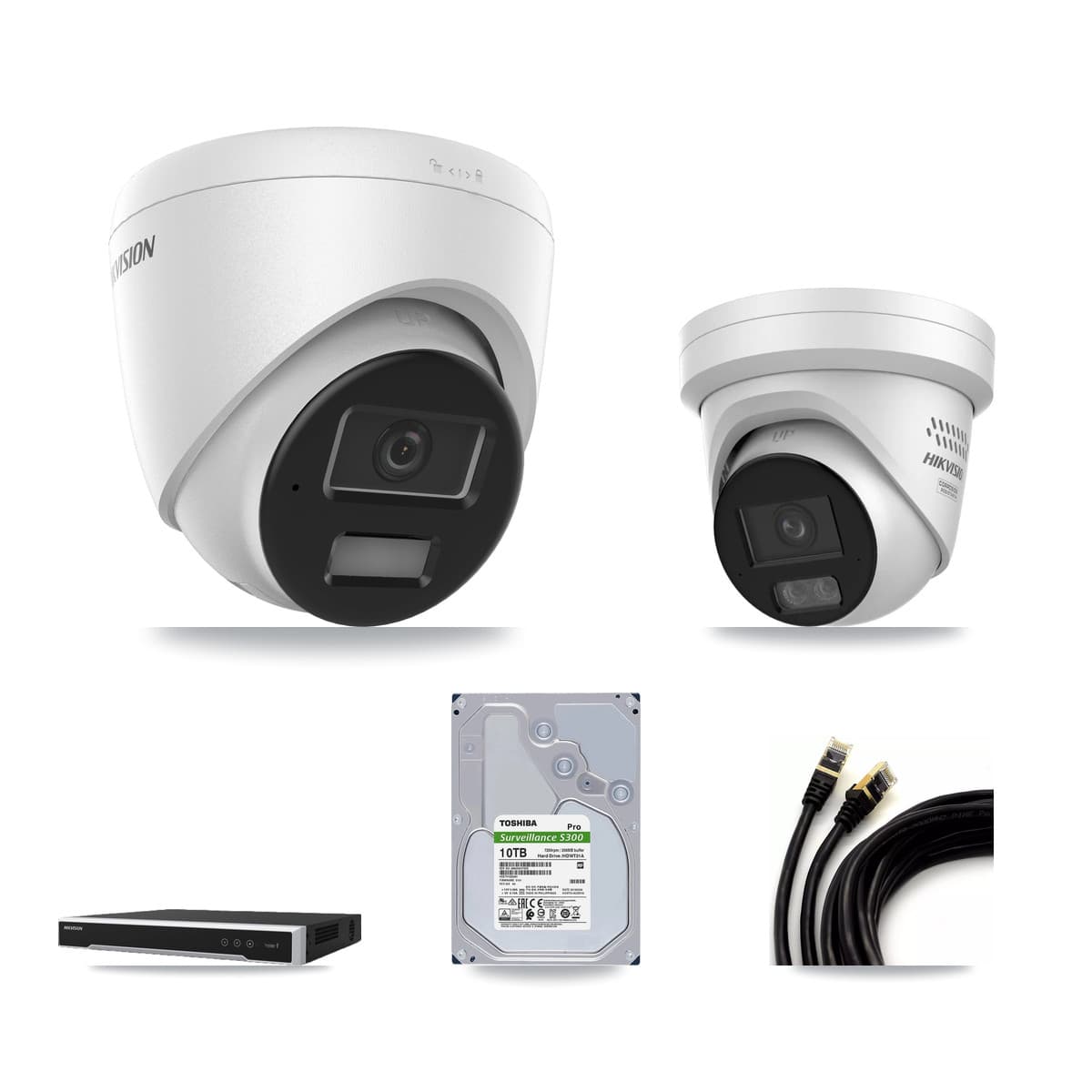 Hikvision 8-Channel 4MP CCTV Kit — 7 DS-2CD1343G2 + 1 DS-2CD2347G3 Turret Cameras + 10TB Recording