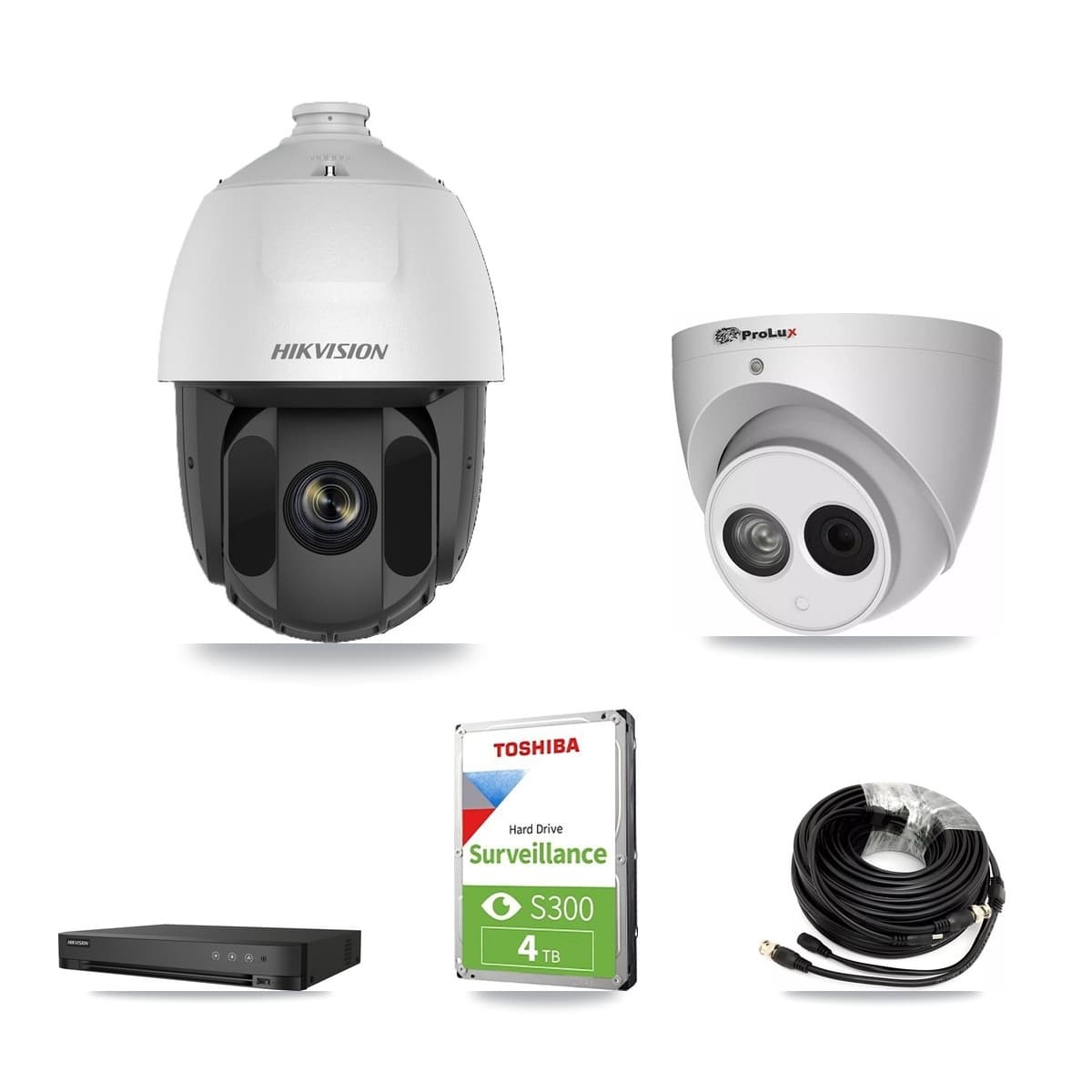 Hikvision & Prolux 4-Channel 2MP – 4MP CCTV Kit — 1 DS-2AE5225TI 2MP PTZ + 1 PXC-612C4W-A 4MP Turret Cameras + 4TB Recording (DS-7204HUHI Recorder) - Image 1