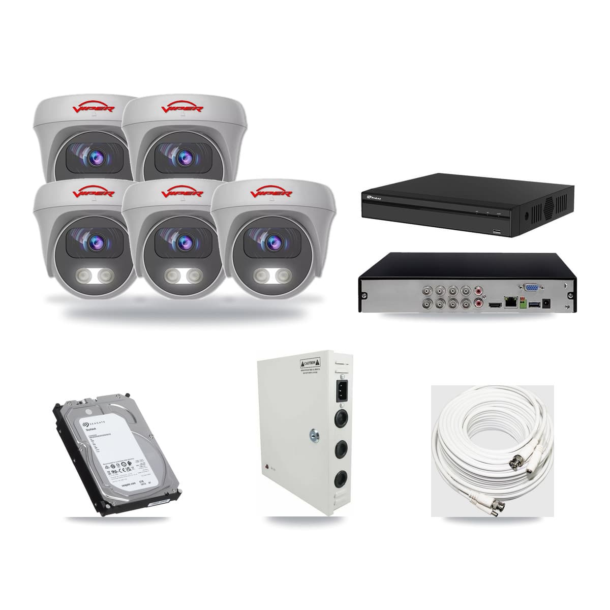Viper & Prolux 8-Channel 5MP CCTV Kit — 5 White Cameras + 6TB Recording (PXD-5108HS Recorder) - Image 1