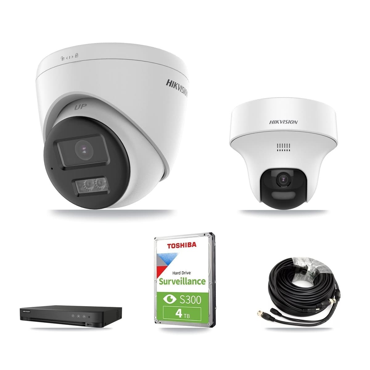 Hikvision 4-Channel 5MP CCTV Kit — 1 DS-2CE70K0T-PTLTS + 2 DS-2CE78K0T-LTS Turret Cameras + 4TB Recording (IDS-7204HQHI-M1/XT Recorder)