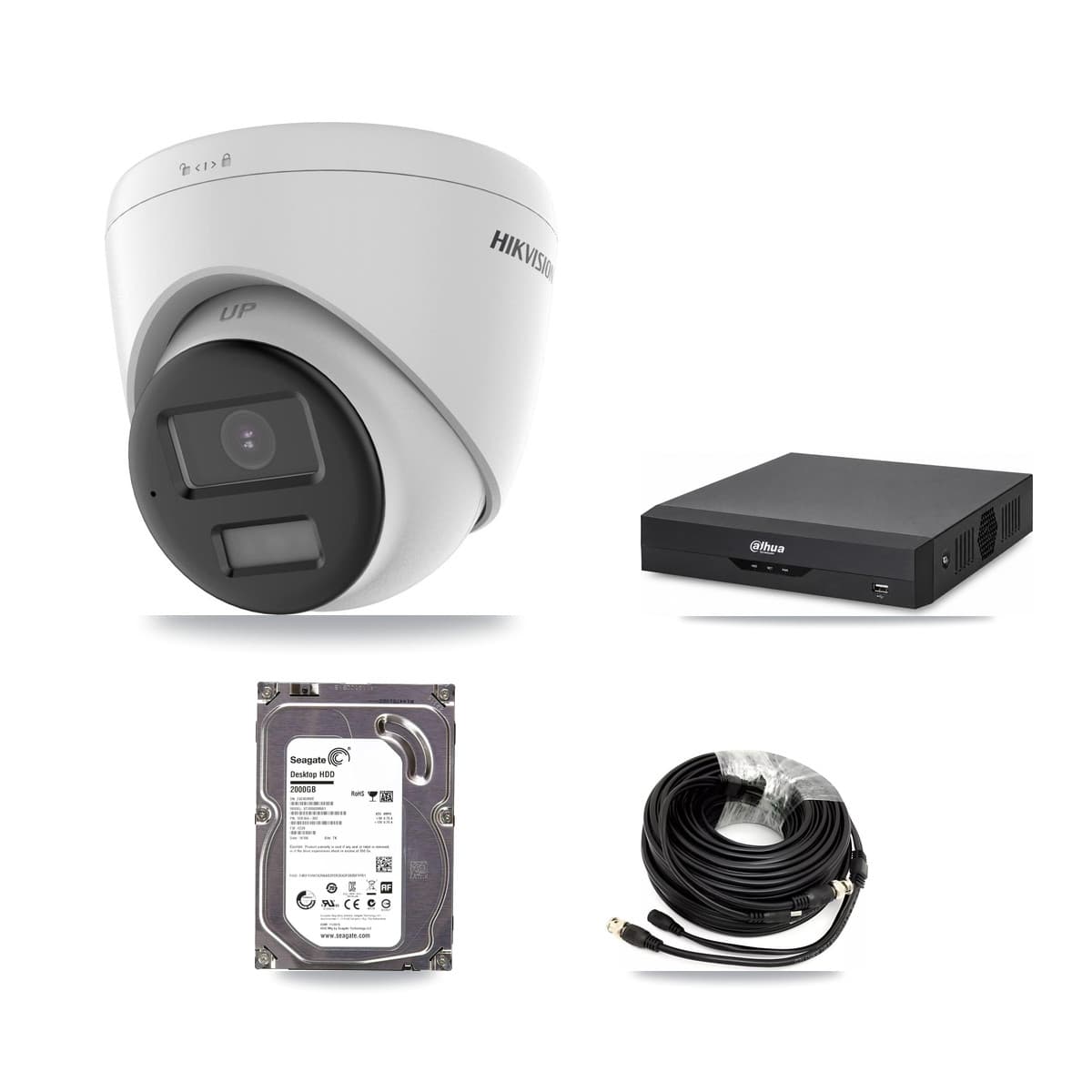 Hikvision & Dahua 4-Channel 5MP CCTV Kit — 1 DS-2CE78K0T-LPTS Turret Camera + 2TB Recording (DH-XVR5104HS-4KL-I2 Recorder) - Image 1