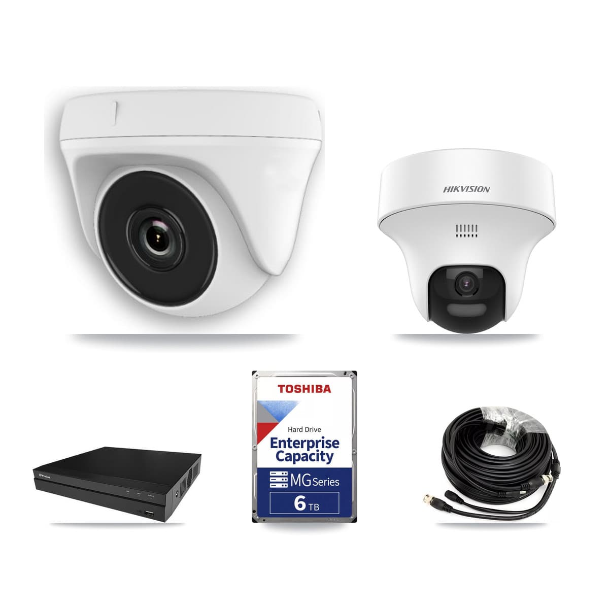 Hikvision & Prolux 8-Channel 2MP – 5MP CCTV Kit — 2 DS-2CE70K0T 5MP Turret + 5 White HDT-2MP-N20W 2MP Dome Cameras + 6TB Recording (PXD-5208AN Recorder) - Image 1