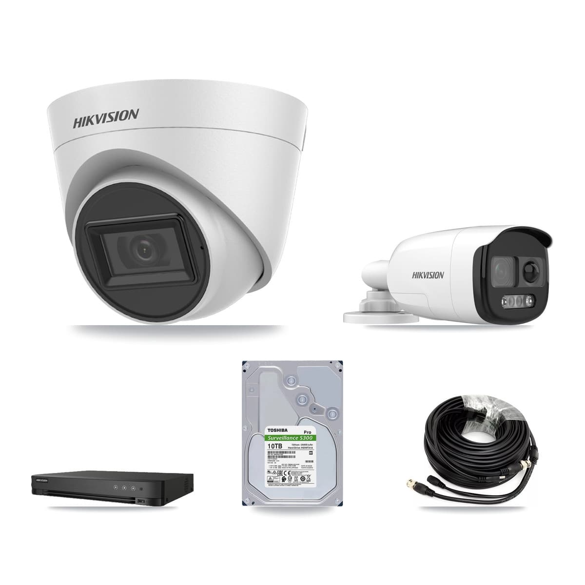 Hikvision 8-Channel 5MP CCTV Kit — 1 Bullet + 7 White Turret Cameras + 10TB Recording (IDS-7208HQHI Recorder)