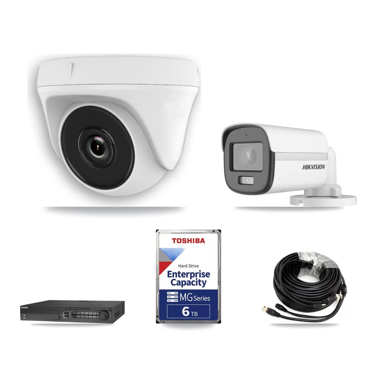 Hikvision 32-Channel 2MP – 5MP CCTV Kit — 1 DS-2CE12KF0T 5MP Bullet + 7 White HDT-2MP-N20W 2MP Dome Cameras + 6TB Recording (DS-7332HQHI Recorder) - Image 1
