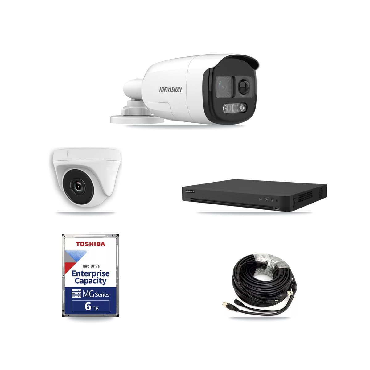 Hikvision 16-Channel 2MP – 5MP CCTV Kit — 4 DS-2CE12KF3T 5MP Bullet + 1 White HDT-2MP-N20W 2MP Dome Cameras + 6TB Recording (IDS-7216HUHI Recorder) - Image 1