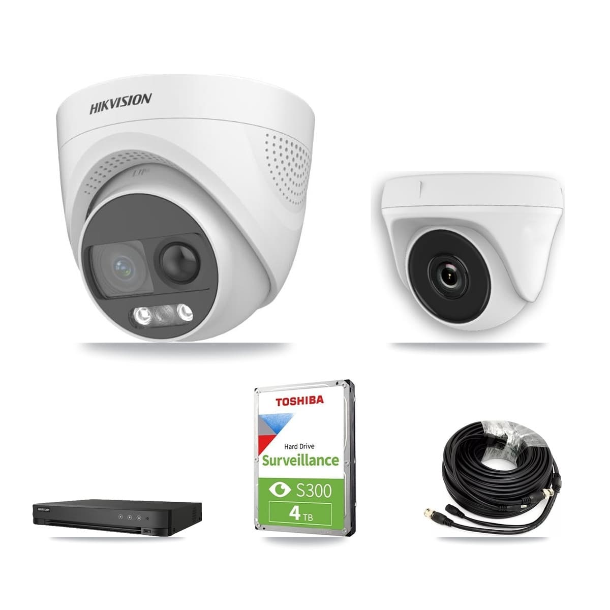 Hikvision 8-Channel 2MP – 5MP CCTV Kit — 2 DS-2CE72KF3T 5MP Turret + 1 White HDT-2MP-N20W 2MP Dome Cameras + 4TB Recording (IDS-7208HQHI Recorder) - Image 1