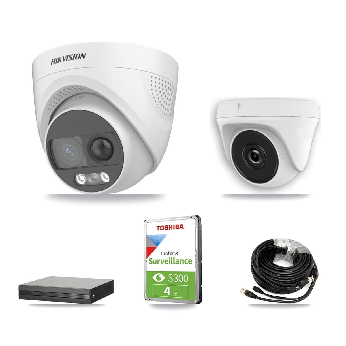 Hikvision 8-Channel 2MP – 5MP CCTV Kit — 2 DS-2CE72KF3T 5MP Turret + 2 White HDT-2MP-N20W 2MP Dome Cameras + 4TB Recording (XVR-3108HS Recorder) - Image 1