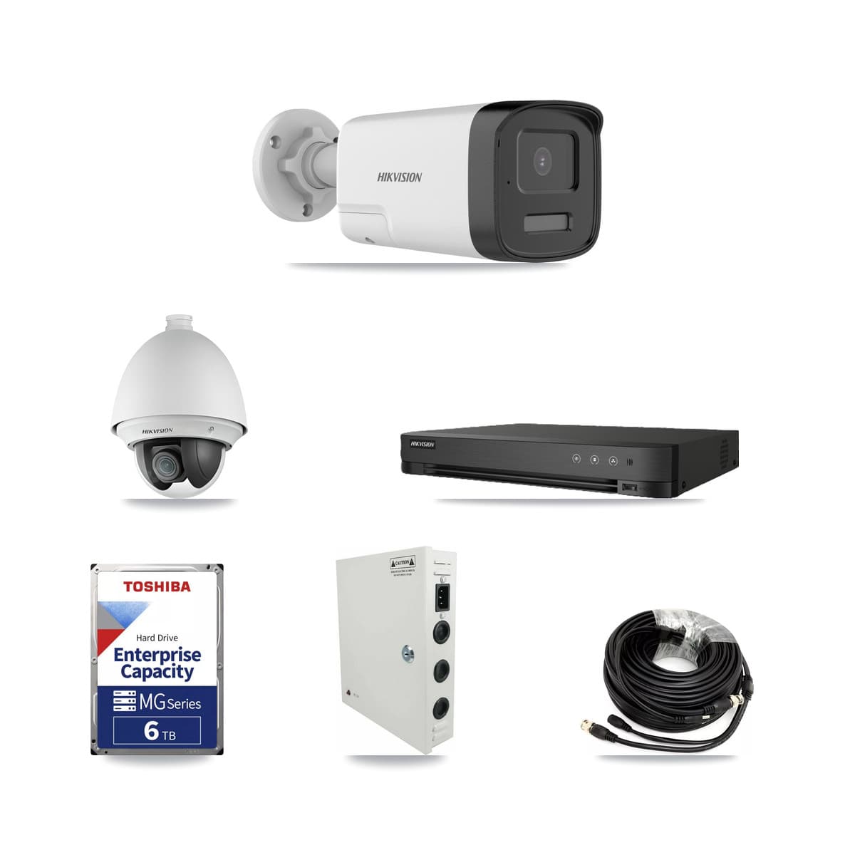 Hikvision 8-Channel 2MP – 5MP CCTV Kit — 1 DS-2AE4225T-A 2MP PTZ + 4 DS-2CE17K0T-LXTS 5MP Bullet Cameras + 6TB Recording (IDS-7208HUHI-M1/E Recorder)