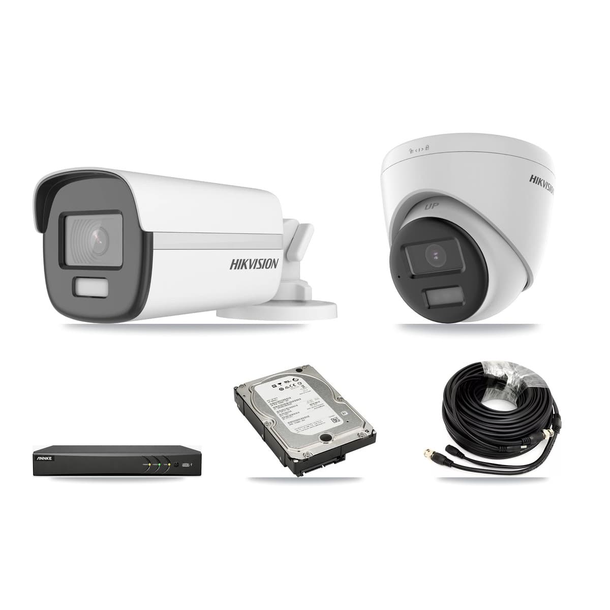 Hikvision & ANNKE 4-Channel 4K CCTV Kit — 1 DS-2CE12UF3T Bullet + 1 DS-2CE78U0T Turret Cameras + 5TB Recording