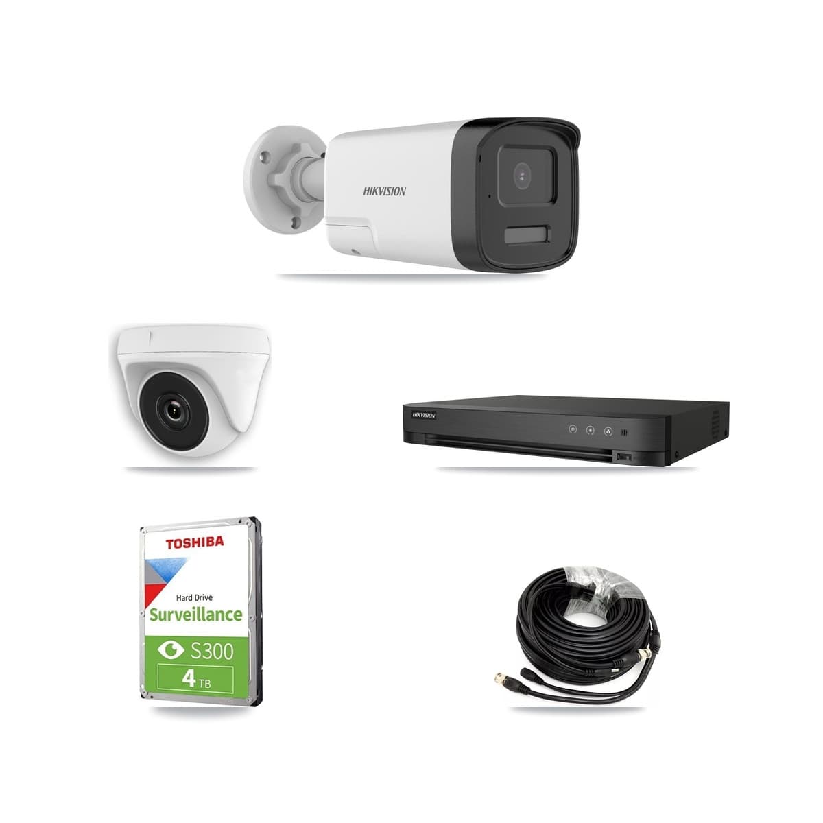 Hikvision 4-Channel 2MP – 5MP CCTV Kit — 2 DS-2CE17K0T 5MP Bullet + 2 White HDT-2MP-N20W 2MP Dome Cameras + 4TB Recording (IDS-7204HUHI Recorder) - Image 1