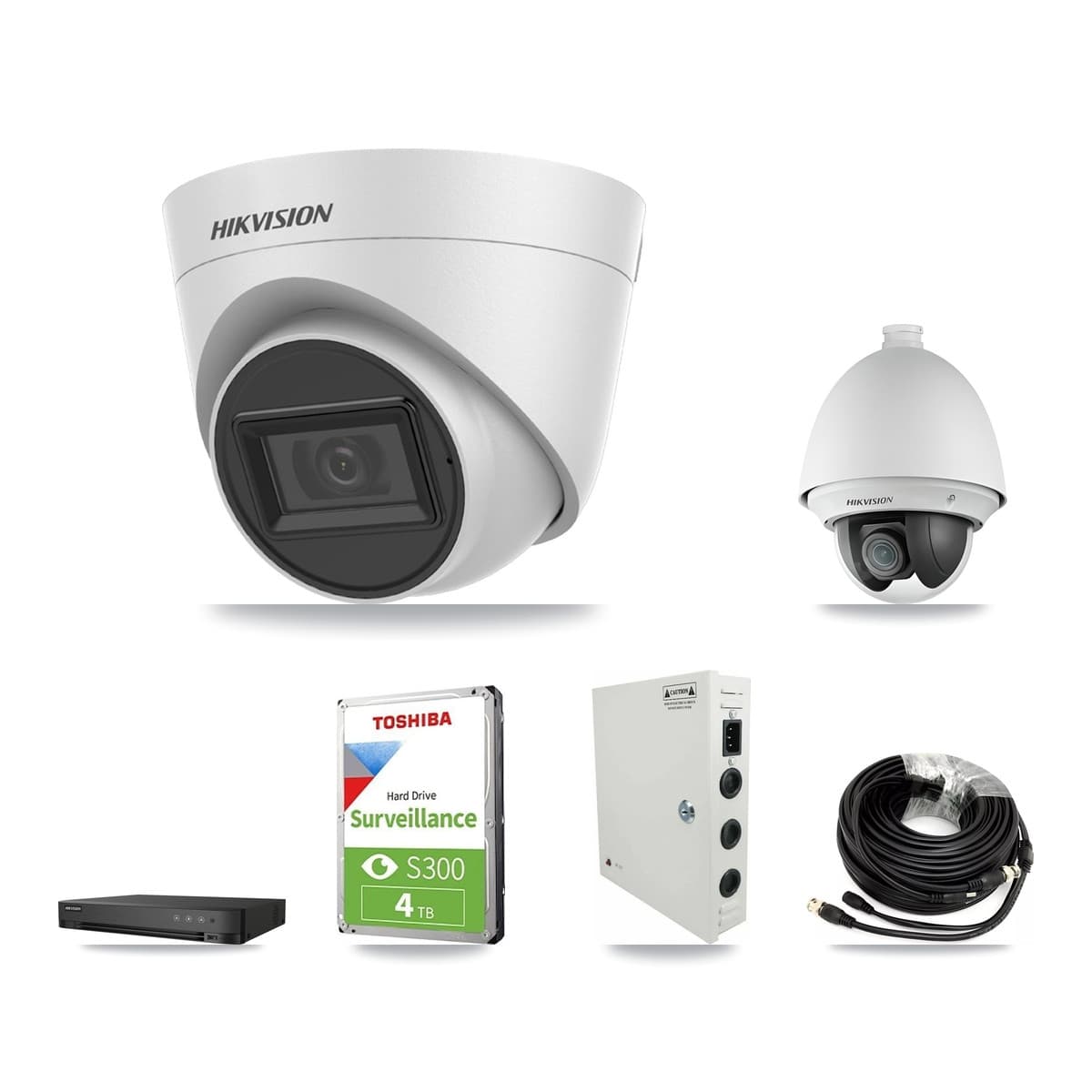 Hikvision 4-Channel 2MP – 5MP CCTV Kit — 1 2MP PTZ + 2 White 5MP Turret Cameras + 4TB Recording (IDS-7204HQHI Recorder)
