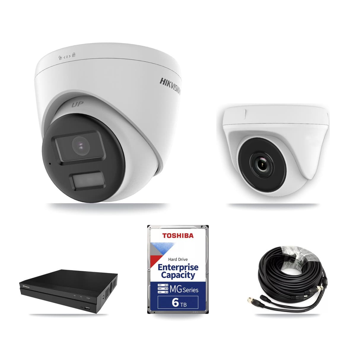 Hikvision & Prolux 8-Channel 2MP – 4K CCTV Kit — 4 DS-2CE78U0T 4K Turret + 4 White HDT-2MP-N20W 2MP Dome Cameras + 2× 6TB Recording