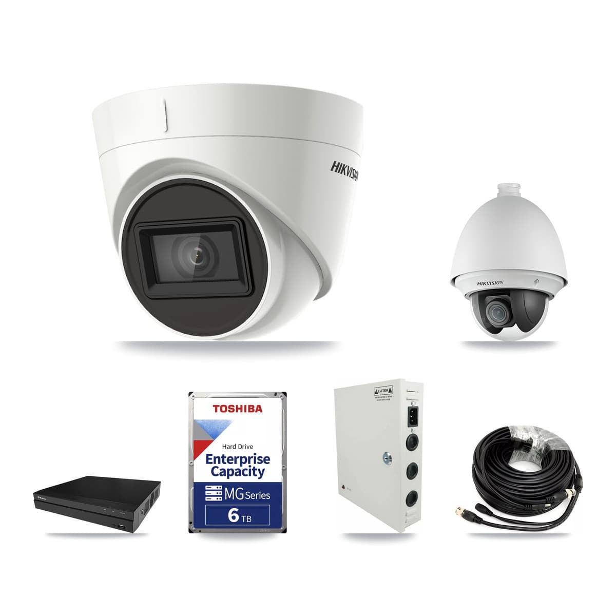 Hikvision & Prolux 8-Channel 2MP – 4K CCTV Kit — 1 DS-2AE4225T 2MP PTZ + 4 DS-2CE78U1T 4K Turret Cameras + 2× 6TB Recording