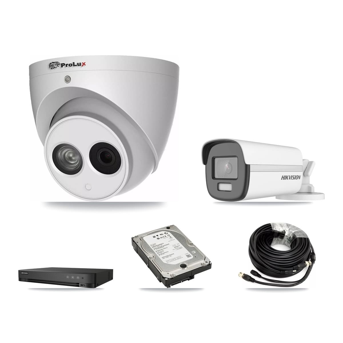 Hikvision & Prolux 4-Channel 4MP – 4K CCTV Kit — 1 4K Bullet + 2 4MP Turret Cameras + 5TB Recording (IDS-7204HUHI Recorder) - Image 1