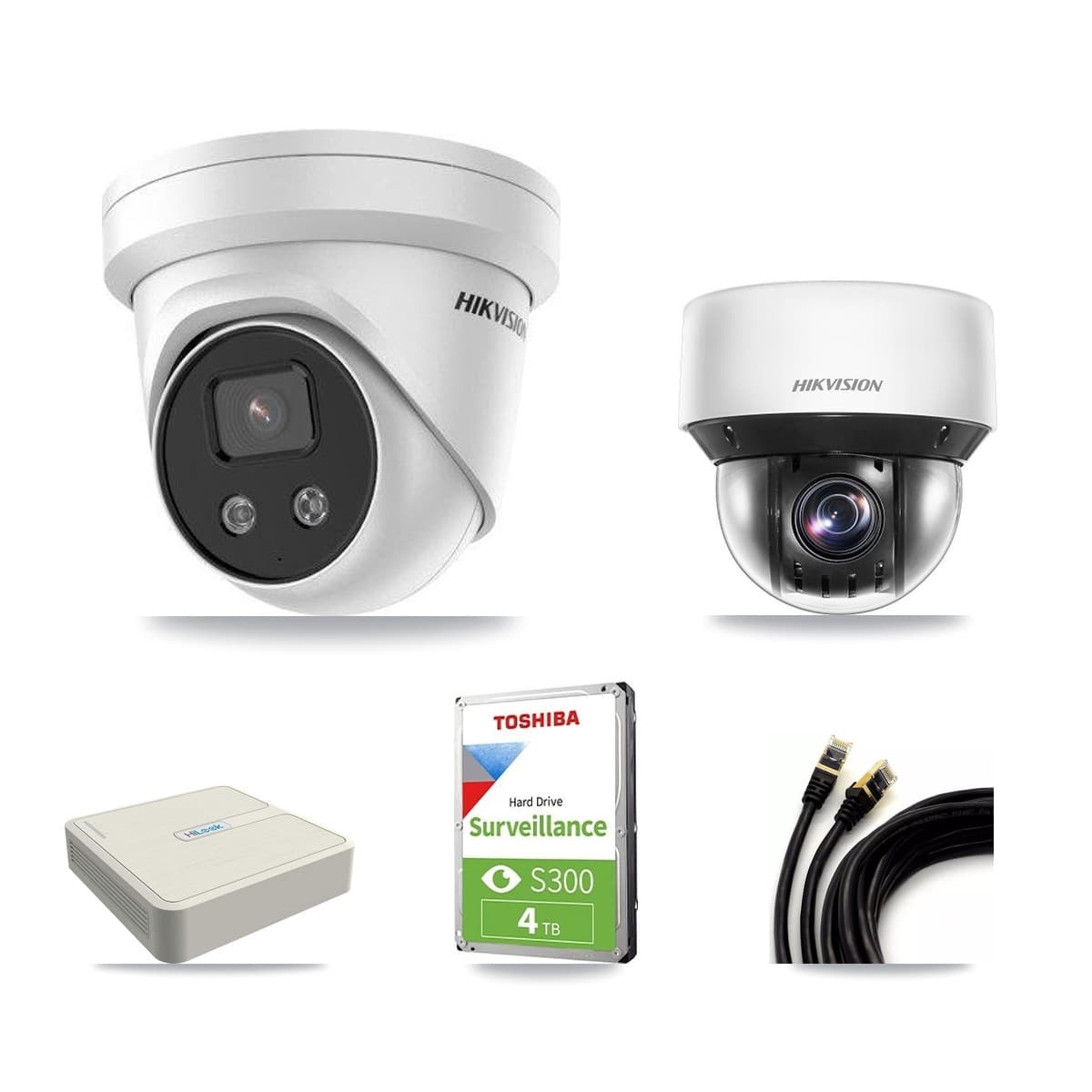 Hikvision & HiLook 8-Channel 4MP – 5MP CCTV Kit — 2 DS-2CD3356G2 5MP Turret + 1 DS-2DE4A425IW 4MP PTZ Cameras + 4TB Recording - Image 1