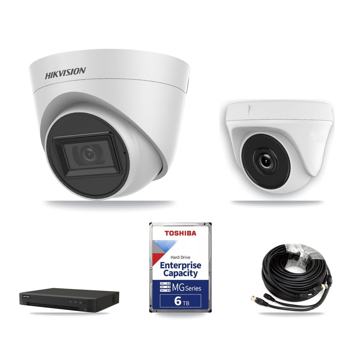 Hikvision 8-Channel 2MP – 5MP CCTV Kit — 4 White DS-2CE78H0T-IT3FS 5MP Turret + 1 White HDT-2MP-N20W-2.8MM 2MP Dome Cameras + 6TB Recording (IDS-7208HUHI-M1/XT Recorder) - Image 1
