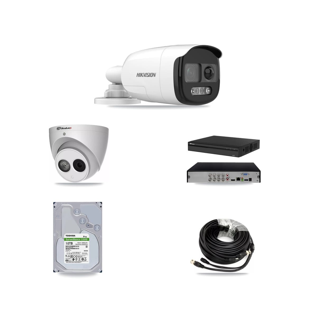 Hikvision & Prolux 8-Channel 4MP – 5MP CCTV Kit — 7 DS-2CE12KF3T 5MP Bullet + 1 PXC-612C4W-A 4MP Turret Cameras + 10TB Recording (PXD-5108HS Recorder)
