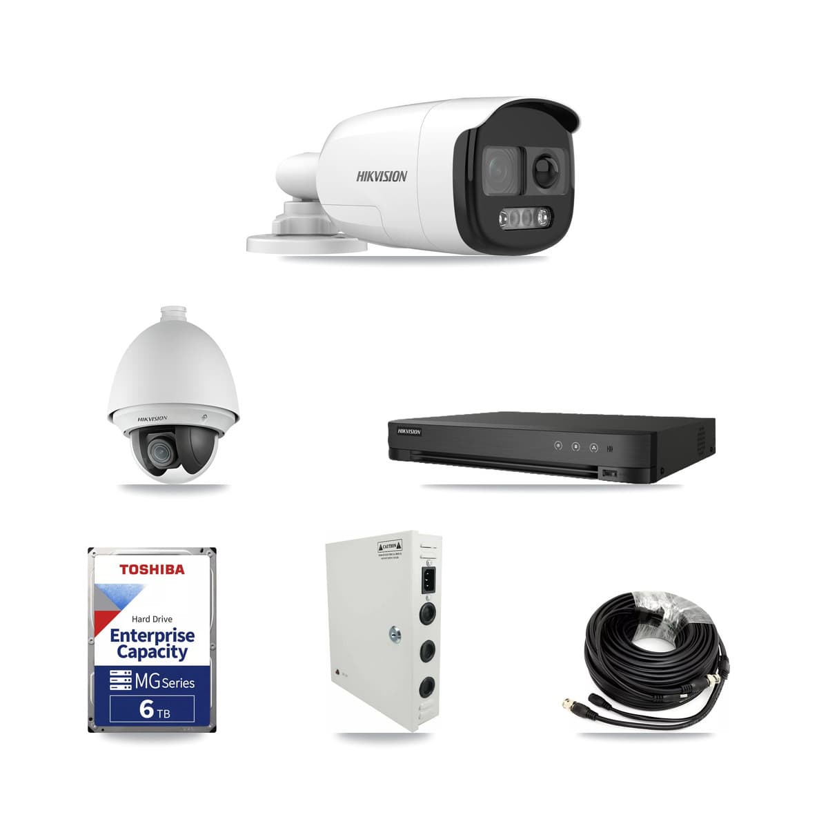 Hikvision 8-Channel 2MP – 5MP CCTV Kit — 1 DS-2AE4225T-A 2MP PTZ + 4 DS-2CE12KF3T-PIRXO 5MP Bullet Cameras + 6TB Recording (IDS-7208HUHI-M1/E Recorder) - Image 1