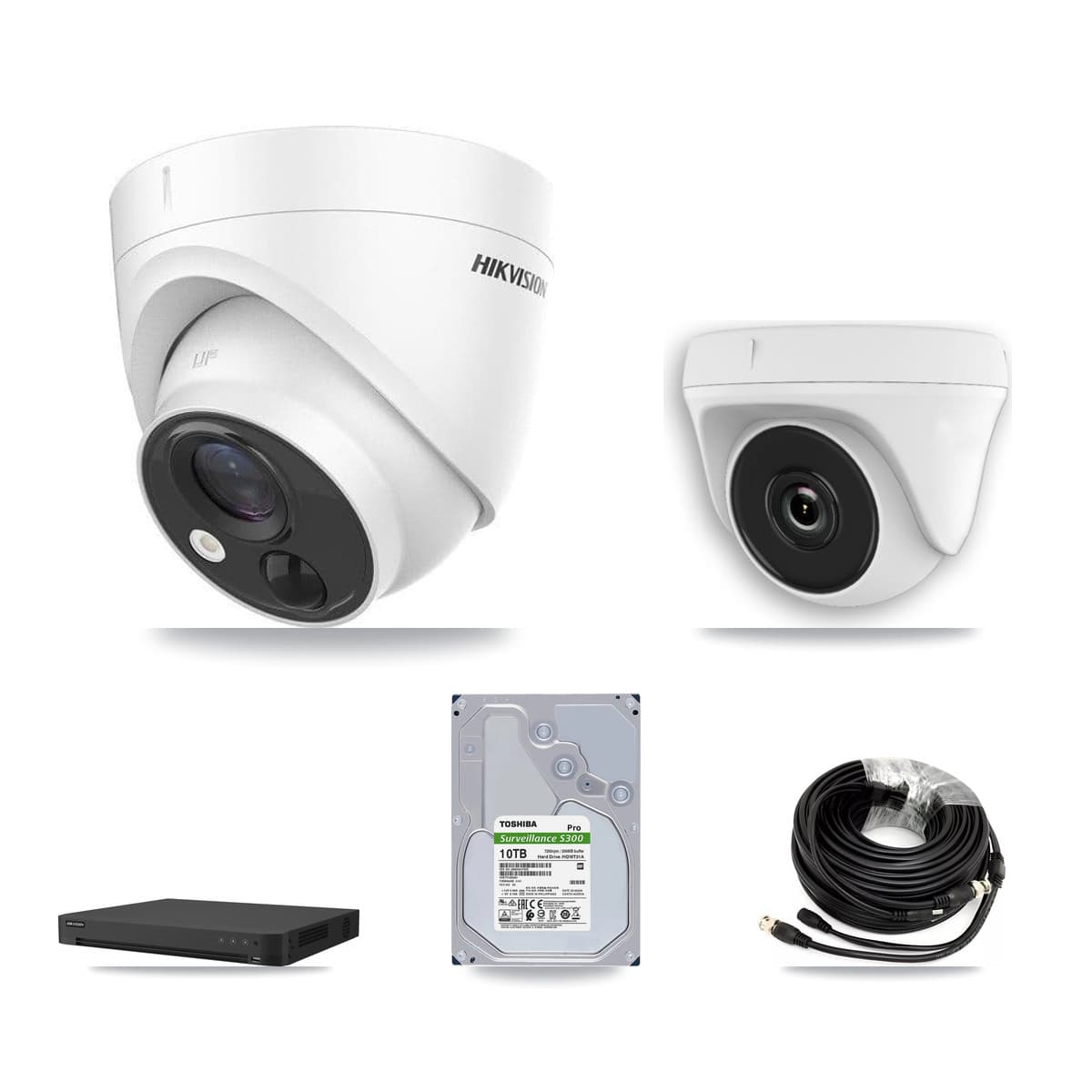 Hikvision 16-Channel 2MP – 5MP CCTV Kit — 7 DS-2CE71H0T 5MP Turret + 1 White HDT-2MP-N20W 2MP Dome Cameras + 10TB Recording (IDS-7216HUHI Recorder) - Image 1