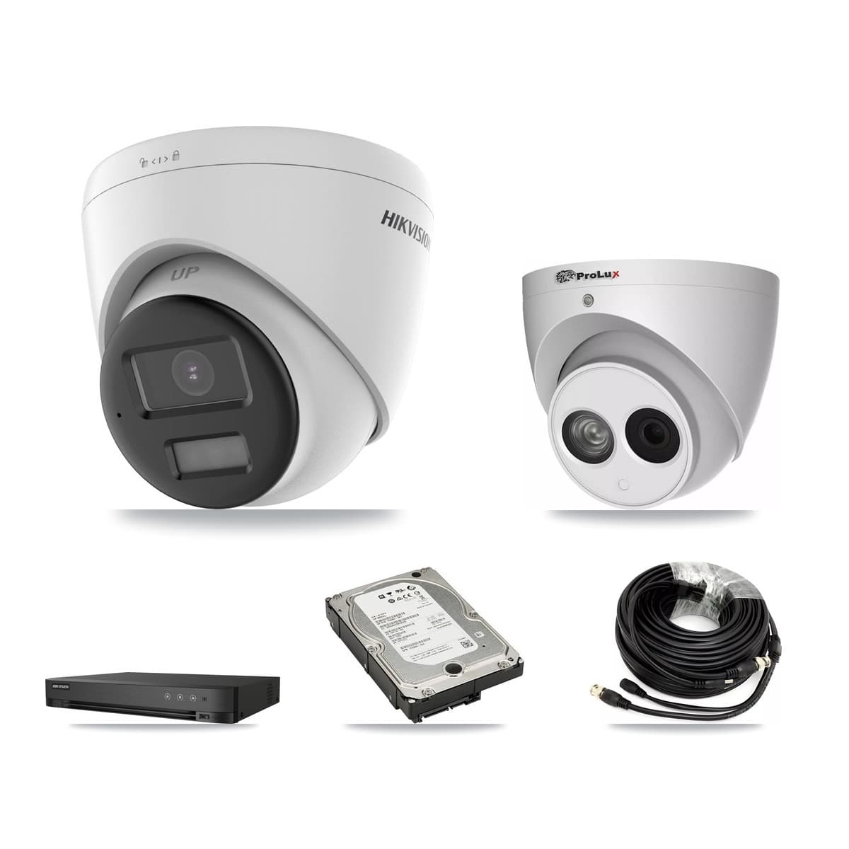Hikvision & Prolux 4-Channel 4MP – 5MP CCTV Kit — 3 DS-2CE78K0T 5MP + 1 PXC-612C4W-A 4MP Turret Cameras + 5TB Recording (IDS-7204HQHI Recorder)