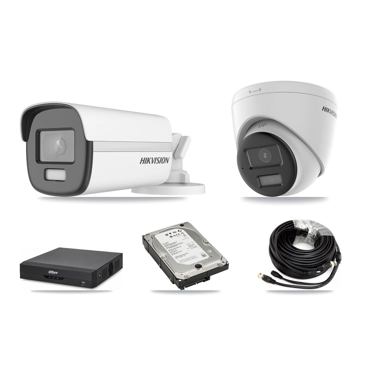 Hikvision & Dahua 4-Channel 4K CCTV Kit — 1 DS-2CE12UF3T Bullet + 1 DS-2CE78U0T Turret Cameras + 5TB Recording