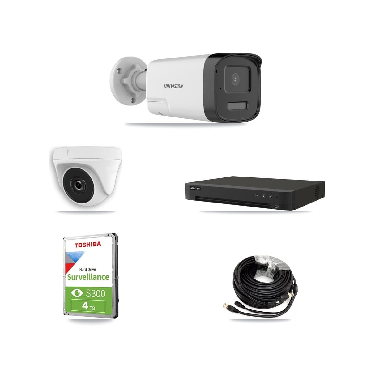 Hikvision 16-Channel 2MP – 5MP CCTV Kit — 2 DS-2CE17K0T 5MP Bullet + 2 White HDT-2MP-N20W 2MP Dome Cameras + 4TB Recording (IDS-7216HQHI Recorder) - Image 1
