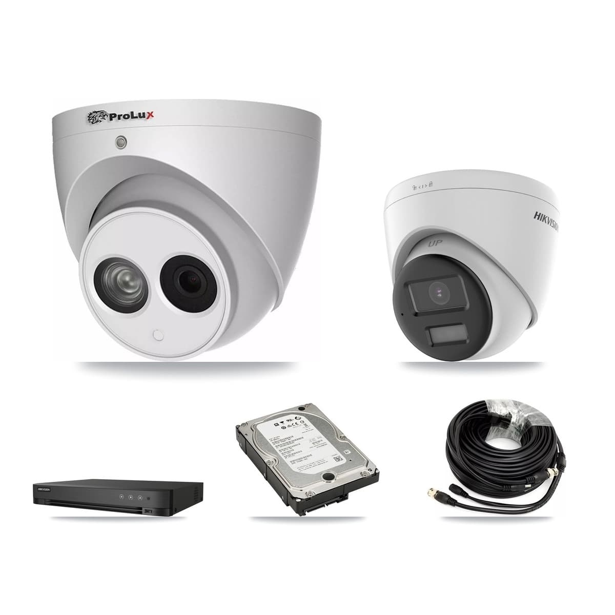 Hikvision & Prolux 4-Channel 4MP – 4K CCTV Kit — 1 DS-2CE78U0T 4K + 2 PXC-612C4W-A 4MP Turret Cameras + 5TB Recording