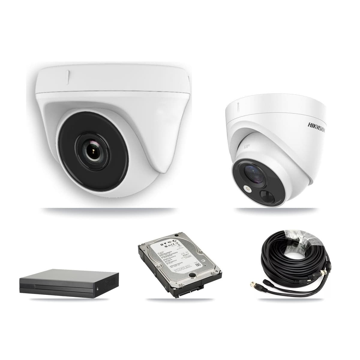 Hikvision 8-Channel 2MP – 5MP CCTV Kit — 2 DS-2CE71H0T 5MP Turret + 4 White HDT-2MP-N20W 2MP Dome Cameras + 5TB Recording (XVR-3108HS Recorder)