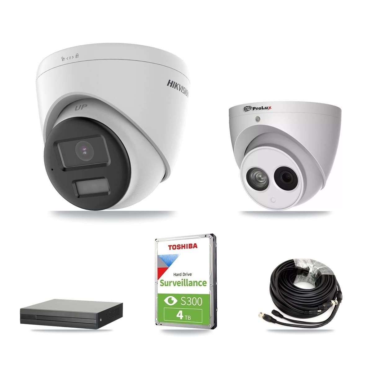 Hikvision & Prolux 4-Channel 4MP – 5MP CCTV Kit — 2 DS-2CE78K0T 5MP + 1 PXC-612C4W-A 4MP Turret Cameras + 4TB Recording (XVR-3104HS Recorder)