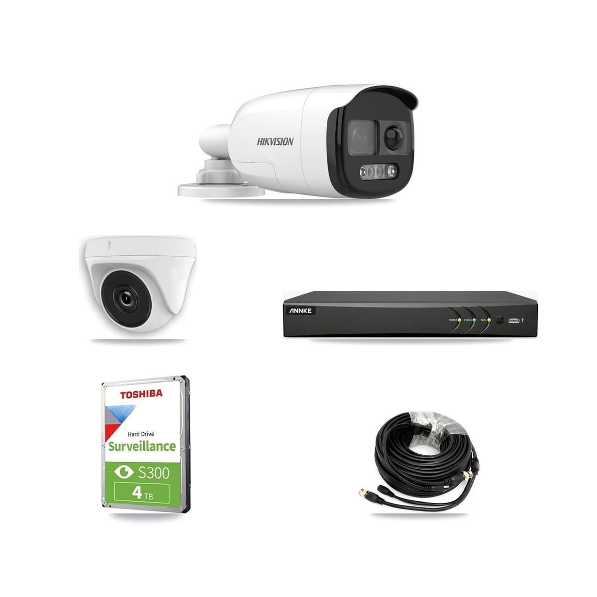 Hikvision & ANNKE 4-Channel 2MP – 5MP CCTV Kit — 1 DS-2CE12KF3T 5MP Bullet + 1 White HDT-2MP-N20W 2MP Dome Cameras + 4TB Recording