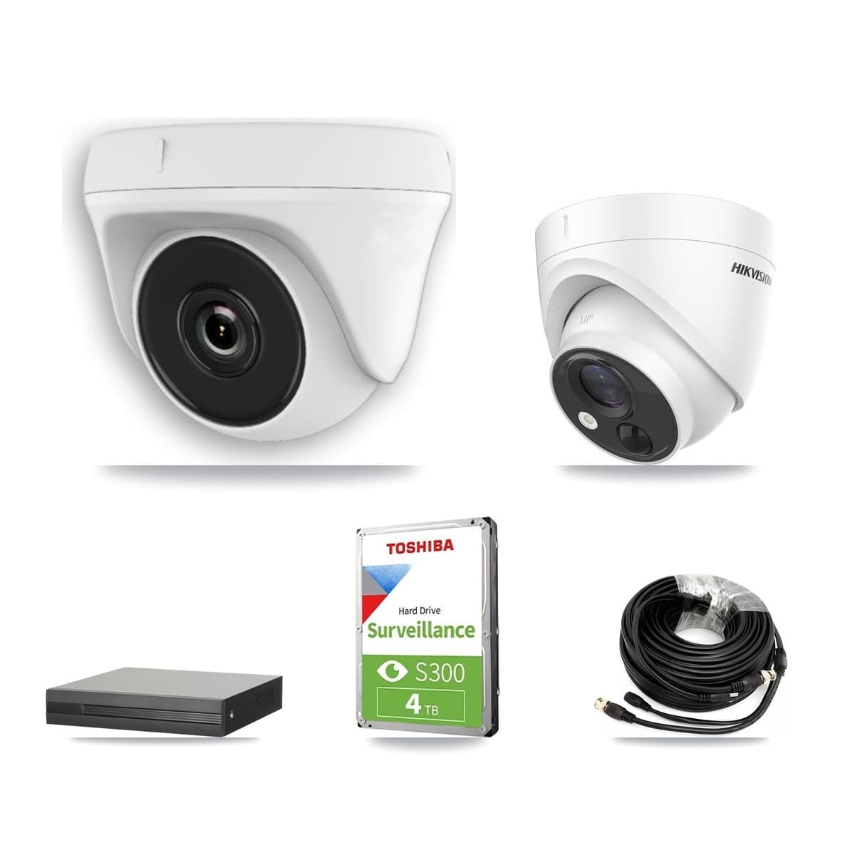 Hikvision 8-Channel 2MP – 5MP CCTV Kit — 1 DS-2CE71H0T 5MP Turret + 4 White HDT-2MP-N20W 2MP Dome Cameras + 4TB Recording (XVR-3108HS Recorder) - Image 1