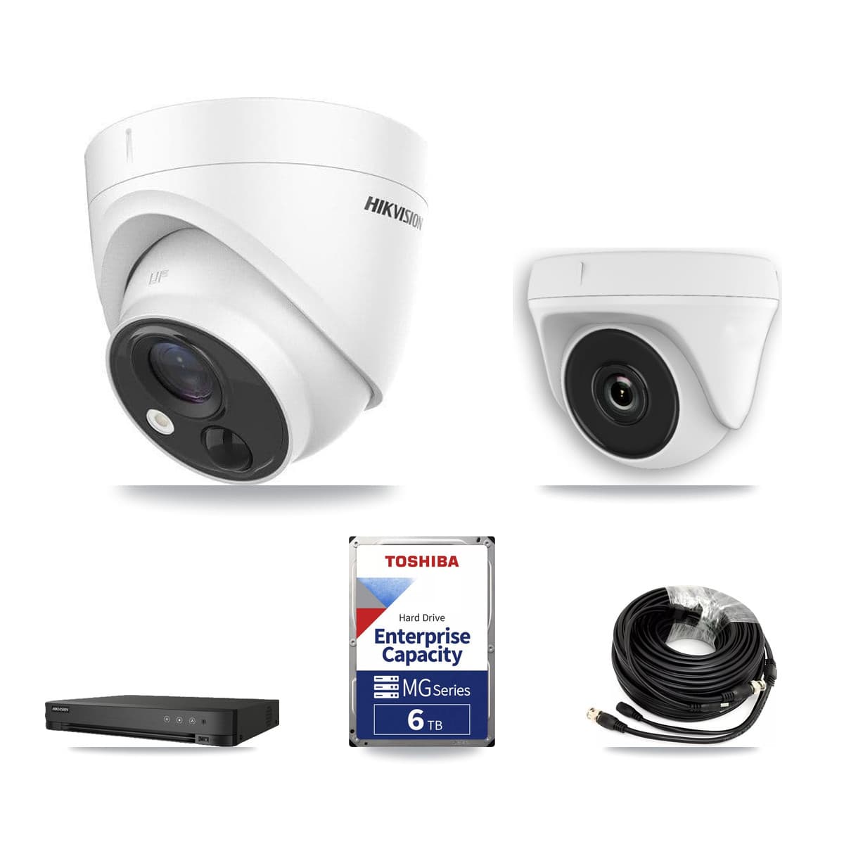 Hikvision 8-Channel 2MP – 5MP CCTV Kit — 3 DS-2CE71H0T 5MP Turret + 3 White HDT-2MP-N20W 2MP Dome Cameras + 6TB Recording (IDS-7208HQHI Recorder) - Image 1