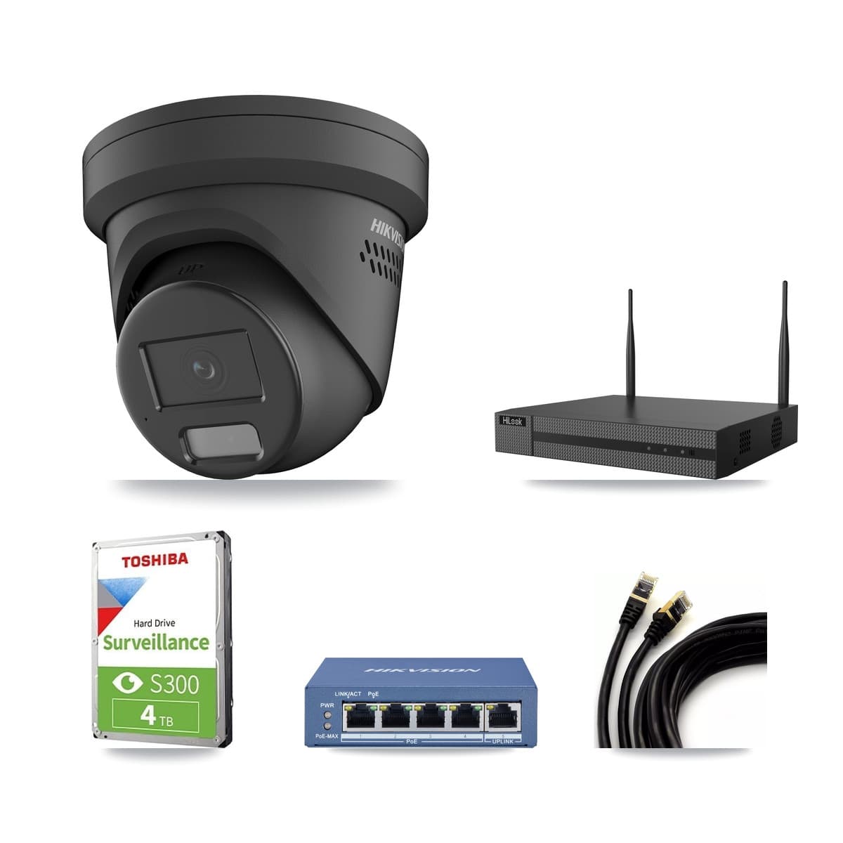Hikvision & HiLook 4-Channel 4MP CCTV Kit — 3 Black Turret Cameras + 4TB Recording