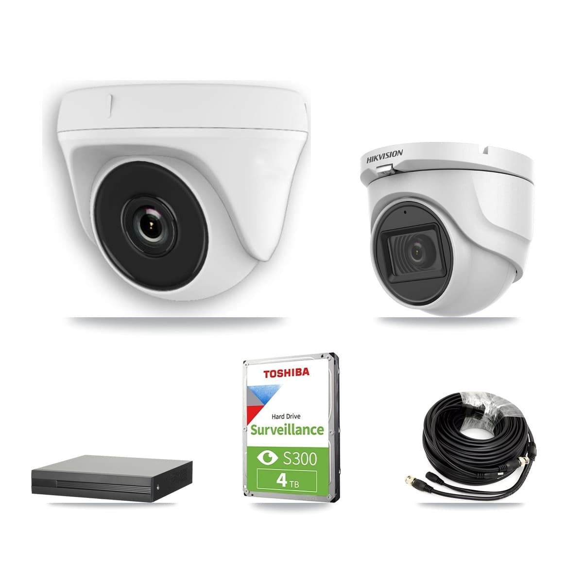 Hikvision 8-Channel 2MP – 5MP CCTV Kit — 1 DS-2CE76H0T 5MP Turret + 4 White HDT-2MP-N20W 2MP Dome Cameras + 4TB Recording (XVR-3108HS Recorder)