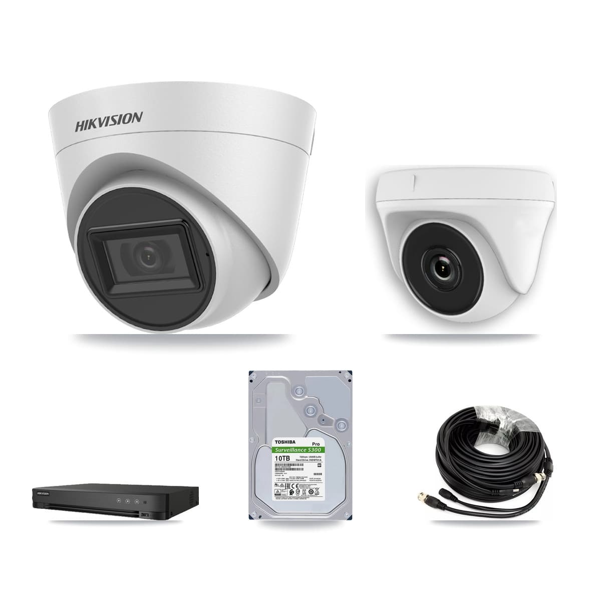 Hikvision 8-Channel 2MP – 5MP CCTV Kit — 7 White DS-2CE78H0T-IT3FS 5MP Turret + 1 White HDT-2MP-N20W-2.8MM 2MP Dome Cameras + 10TB Recording (IDS-7208HUHI-M1/E Recorder)