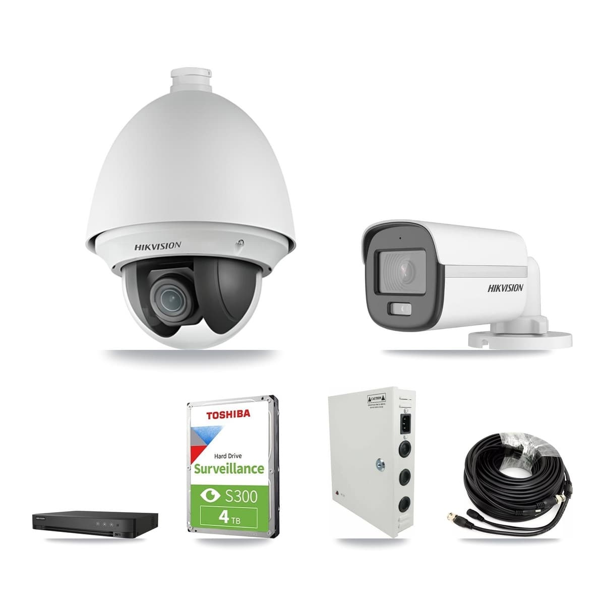 Hikvision 4-Channel 2MP – 5MP CCTV Kit — 2 DS-2AE4225T 2MP PTZ + 2 DS-2CE12KF0T 5MP Bullet Cameras + 4TB Recording (IDS-7204HQHI Recorder) - Image 1