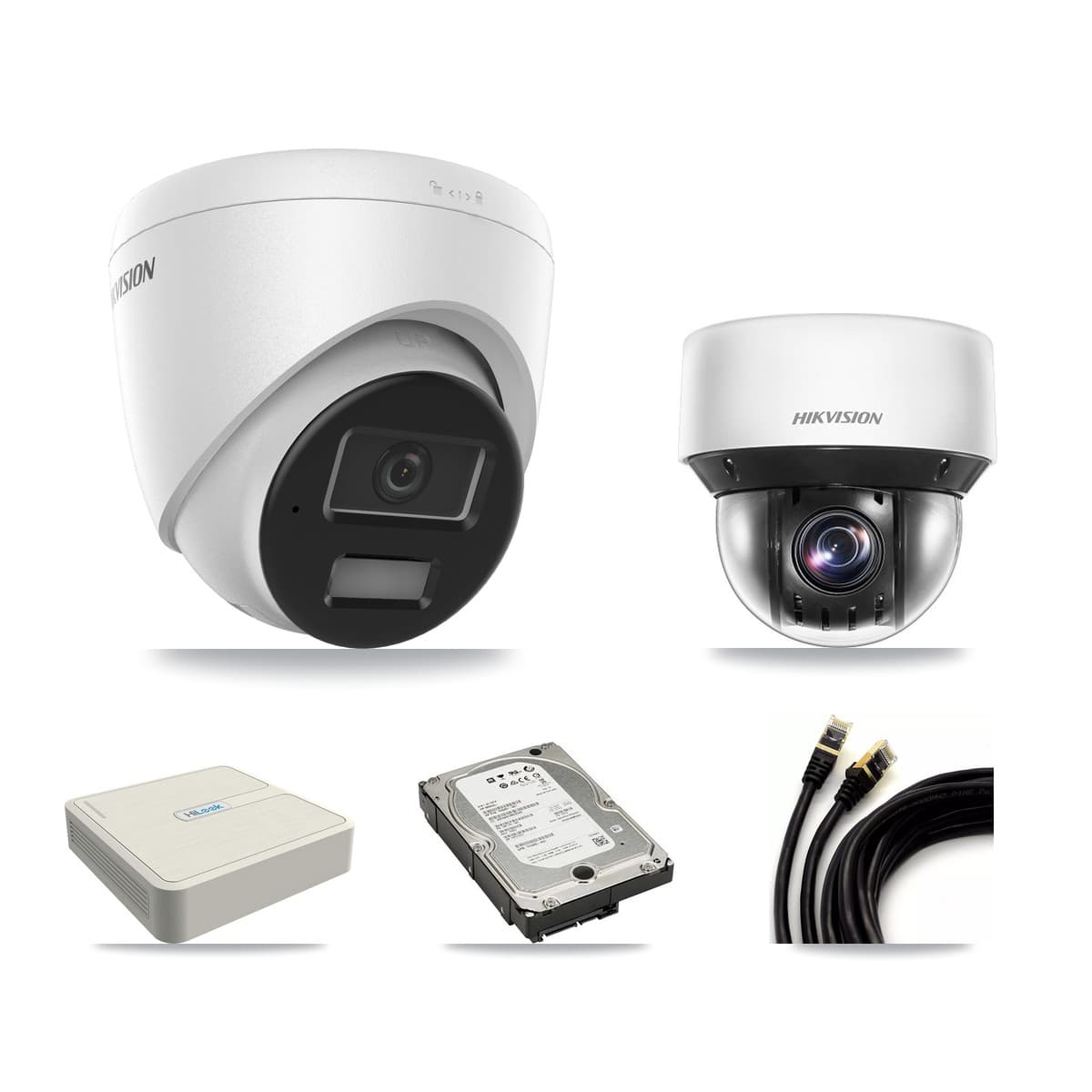 Hikvision & HiLook 8-Channel 4MP CCTV Kit — 3 DS-2CD1343G2 Turret + 1 DS-2DE4A425IW PTZ Cameras + 5TB Recording