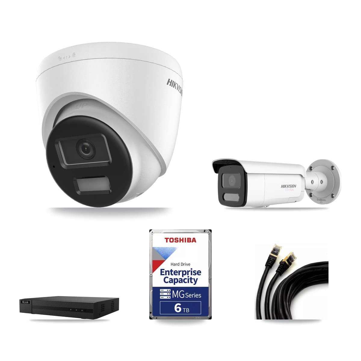 Hikvision & HiLook 8-Channel 4K CCTV Kit — 3 Turret + 1 Bullet Cameras + 6TB Recording