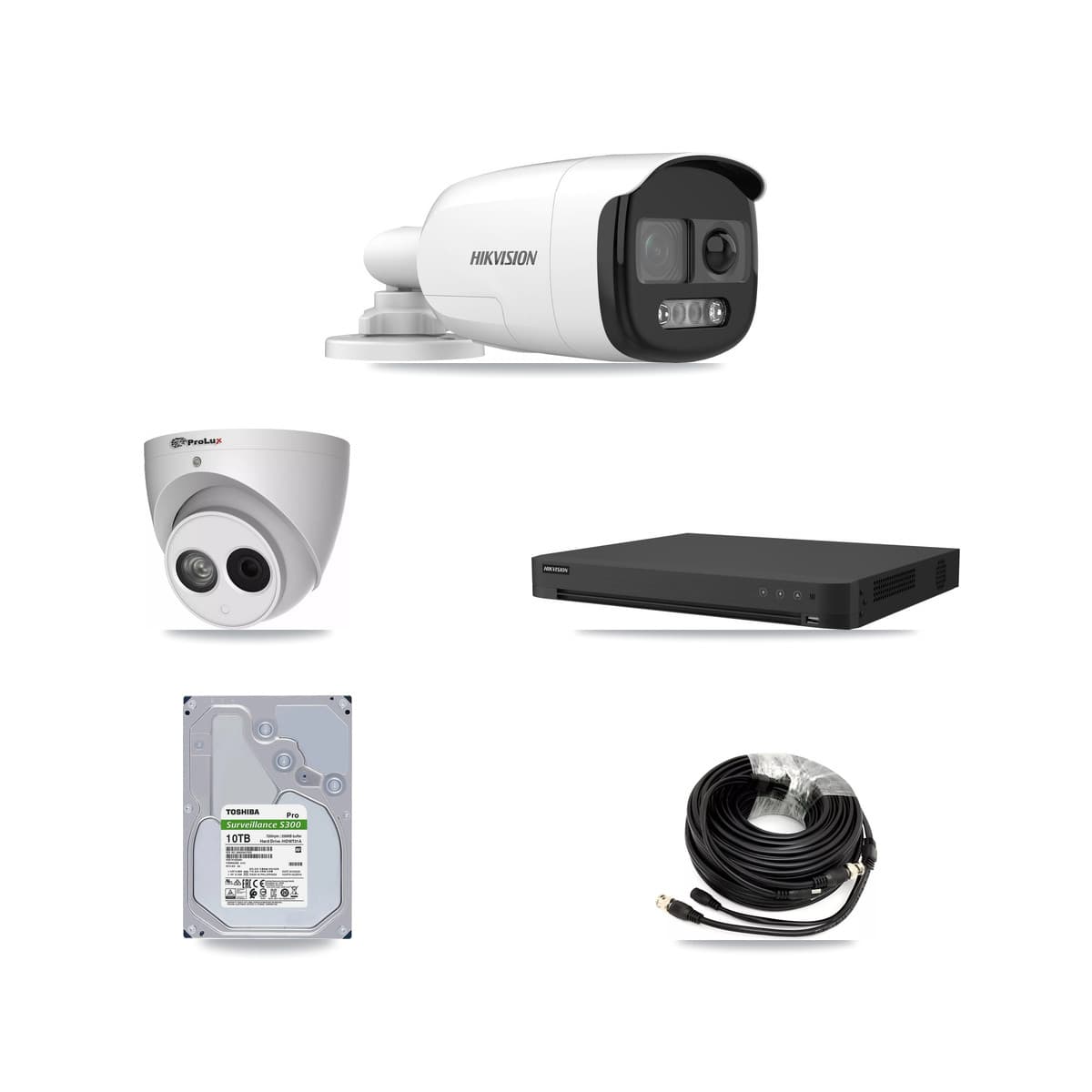 Hikvision & Prolux 16-Channel 4MP – 5MP CCTV Kit — 6 DS-2CE12KF3T 5MP Bullet + 1 PXC-612C4W-A 4MP Turret Cameras + 10TB Recording (IDS-7216HUHI Recorder)